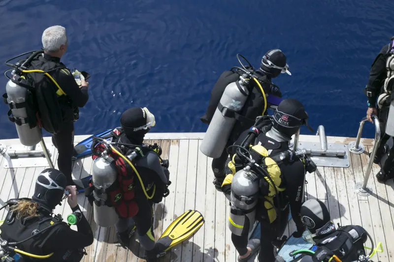 Divers in wetsuits gearing up together on the deck of a dive boat
